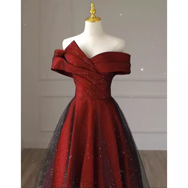 Sexy A line Off The Shoulder Burgundy Tulle Long Prom Dress