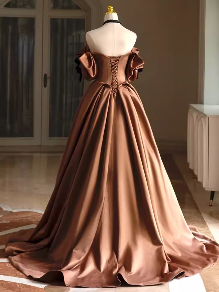 Sexy A line Off The Shoulder Brown Satin Long Prom Dress