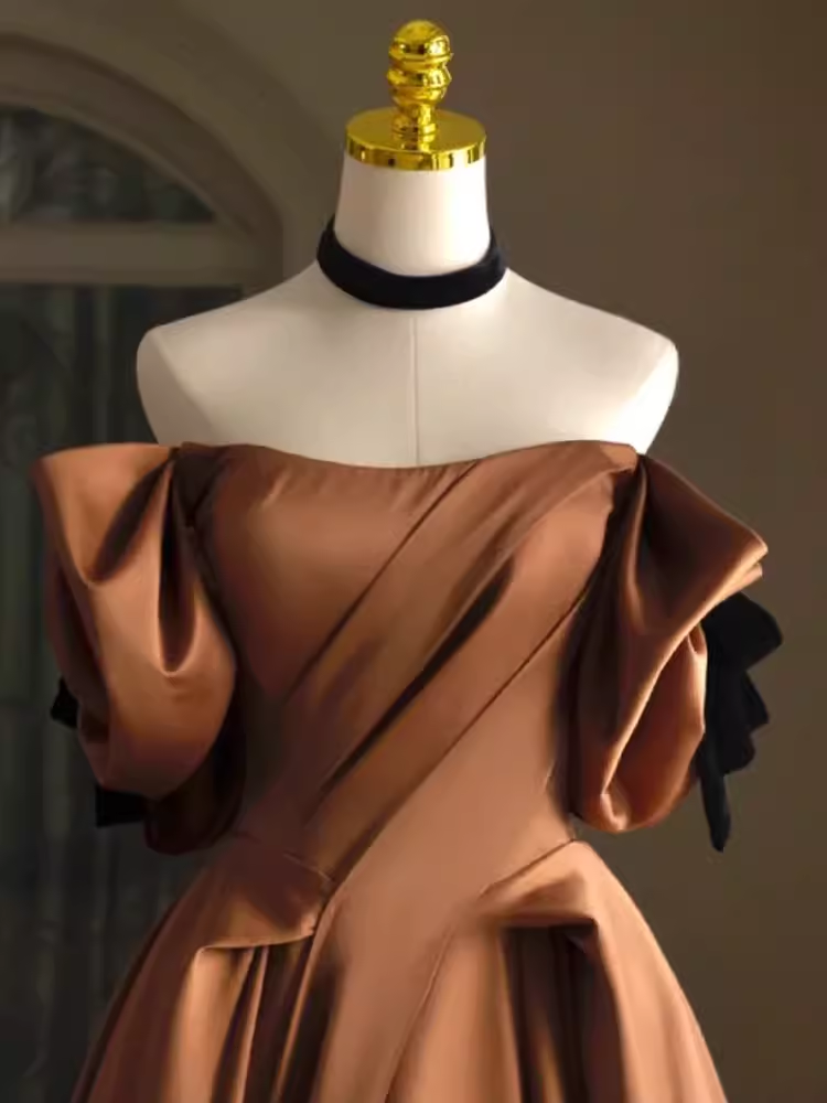 Sexy A line Off The Shoulder Brown Satin Long Prom Dress