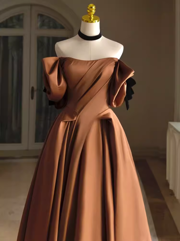 Sexy A line Off The Shoulder Brown Satin Long Prom Dress