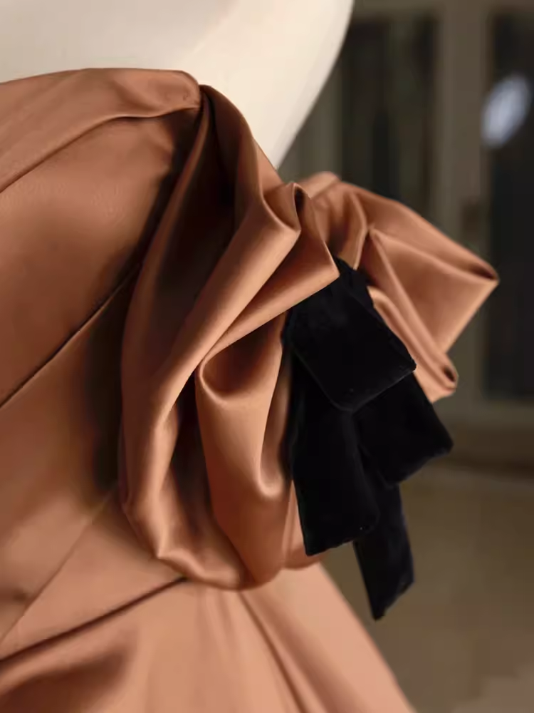 Sexy A line Off The Shoulder Brown Satin Long Prom Dress