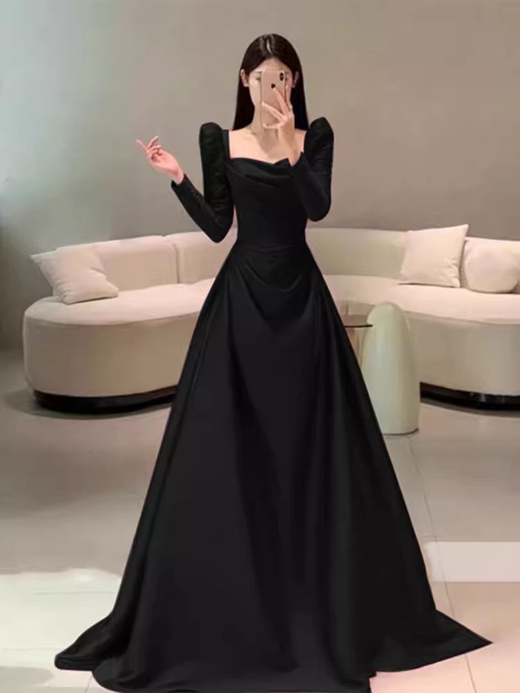 Sexy A line Long Sleeves Black Satin Long Prom Dress