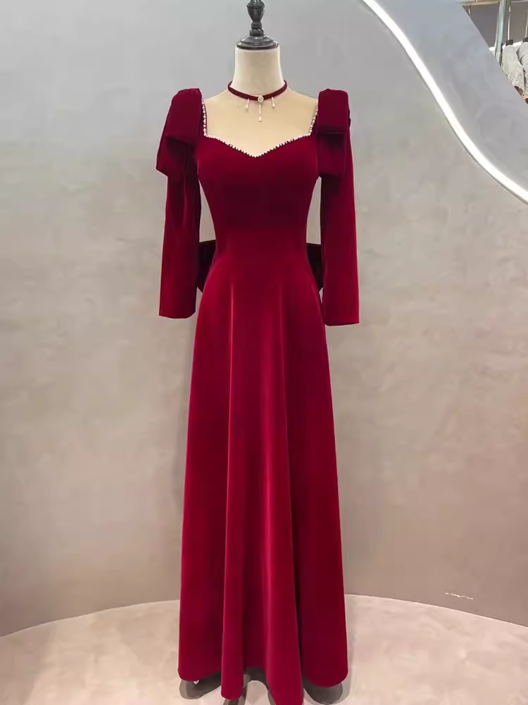 Sexy A line Long Sleeves Red Velvet Long Prom Dress