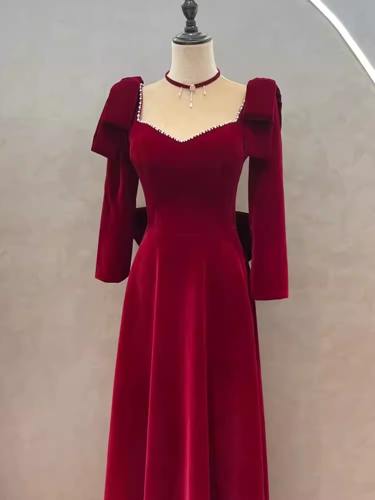 Sexy A line Long Sleeves Red Velvet Long Prom Dress