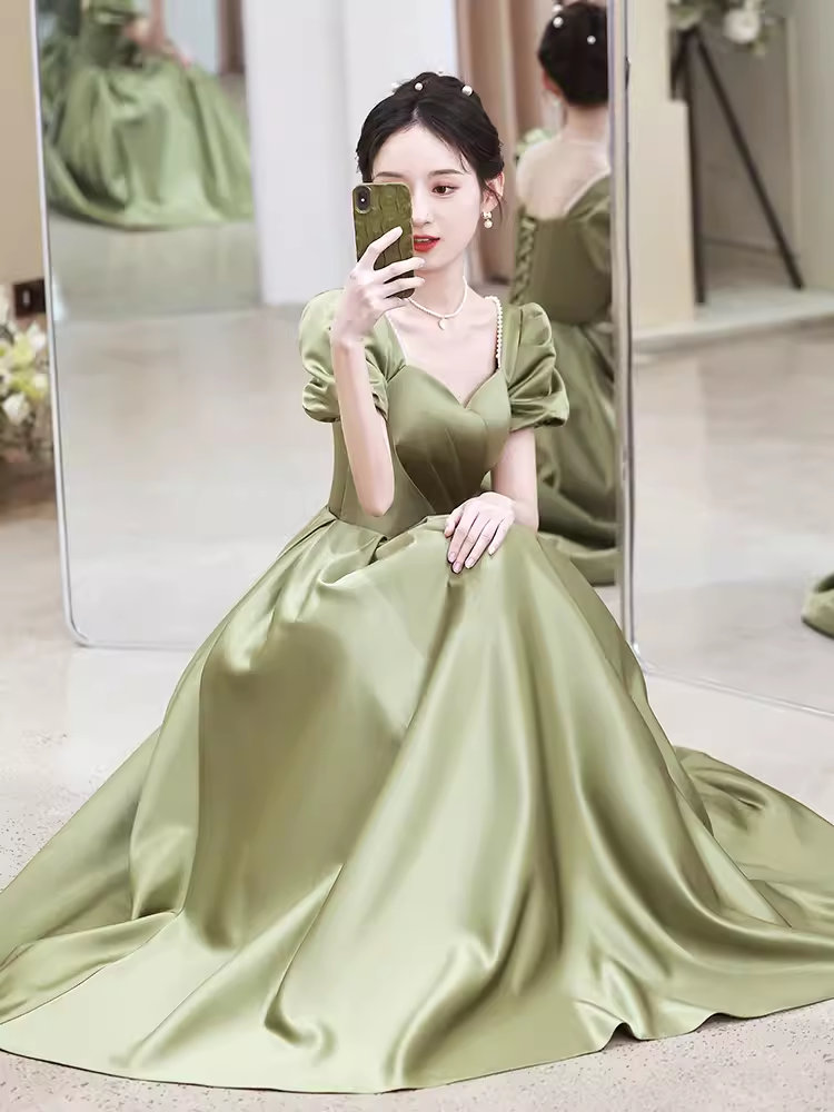 Sexy A line Short Sleeves Sage Green Satin Long Prom Dress