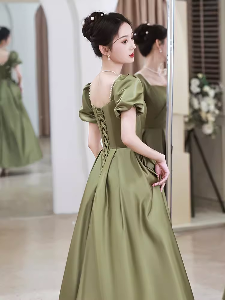 Sexy A line Short Sleeves Sage Green Satin Long Prom Dress