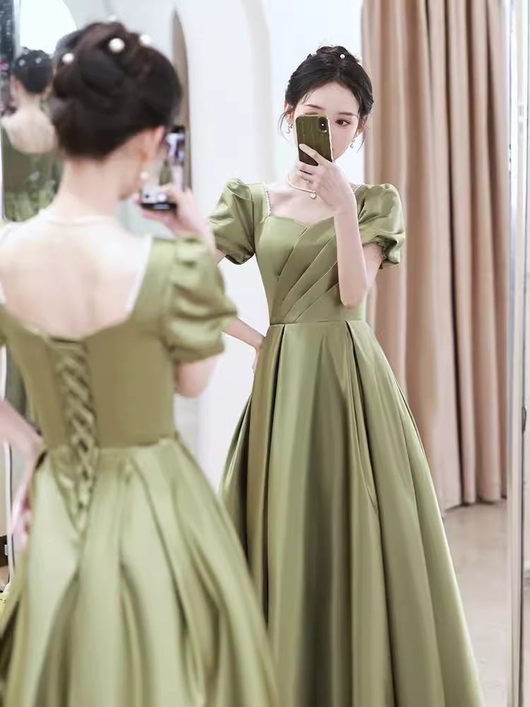 Sexy A line Short Sleeves Sage Green Satin Long Prom Dress