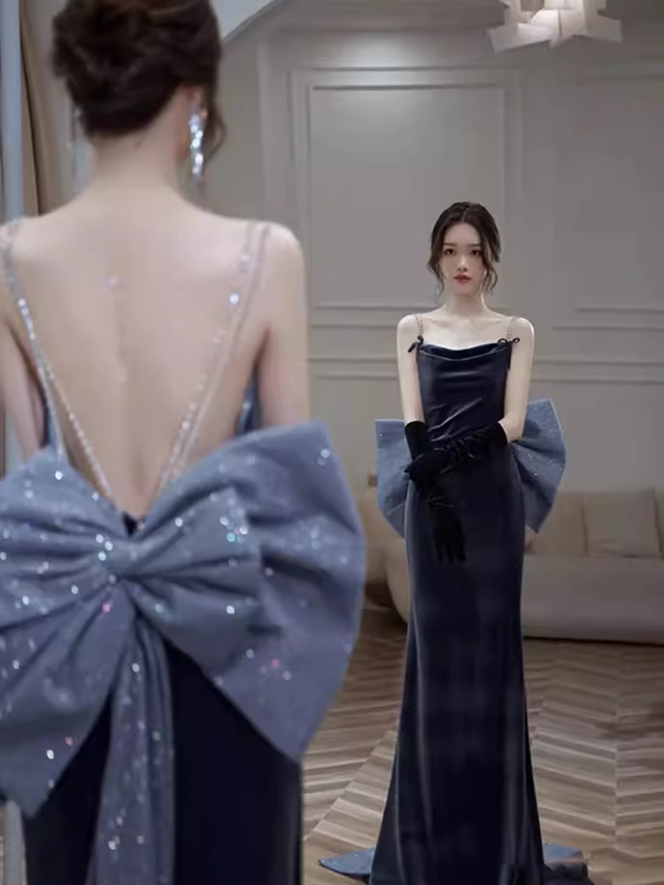 Sexy Mermaid Straps Velvet Navy Blue Long Prom Dress