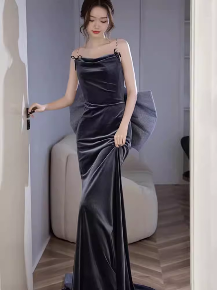 Sexy Mermaid Straps Velvet Navy Blue Long Prom Dress