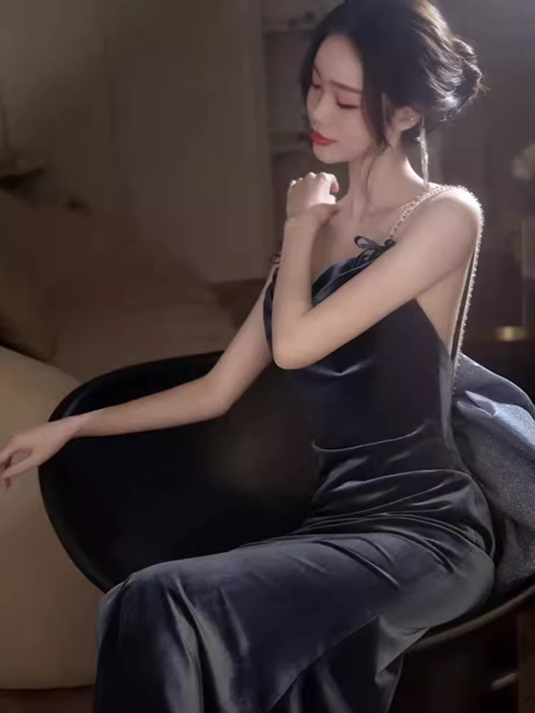 Sexy Mermaid Straps Velvet Navy Blue Long Prom Dress