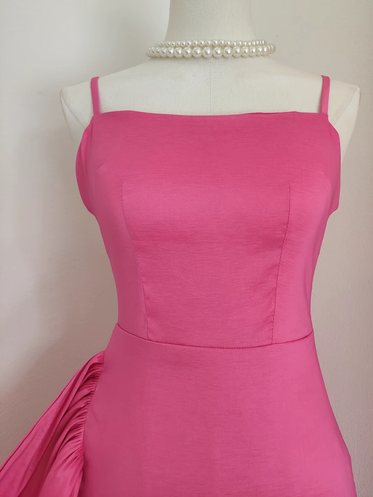 Sexy Sheath Spaghetti Straps Hot Pink Satin Dinner Party Dresses Birthday Outfits