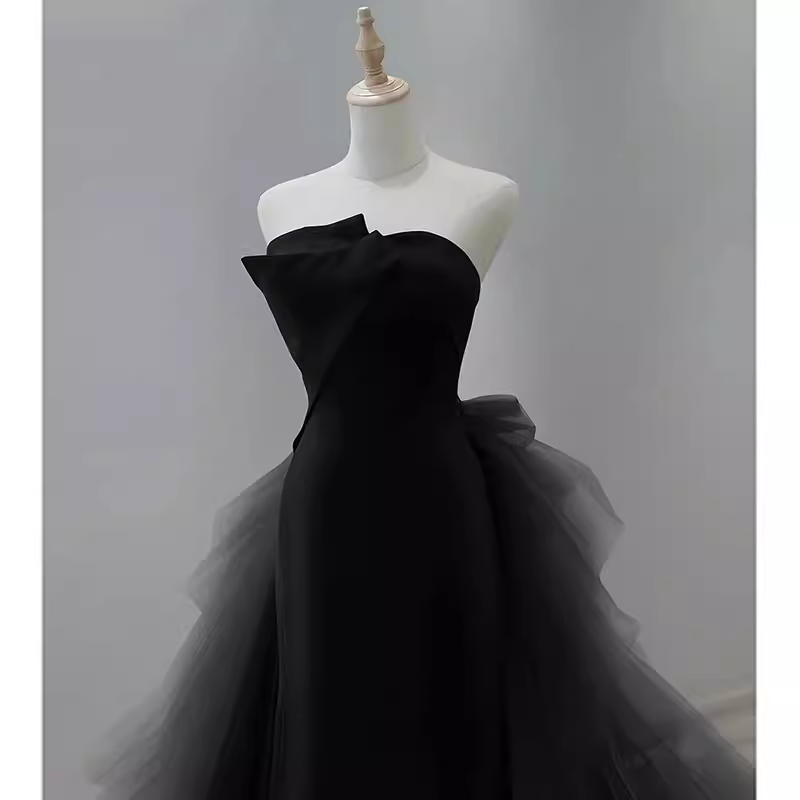 Sexy Mermaid Strapless Sleeveless Black Satin Long Prom Dress