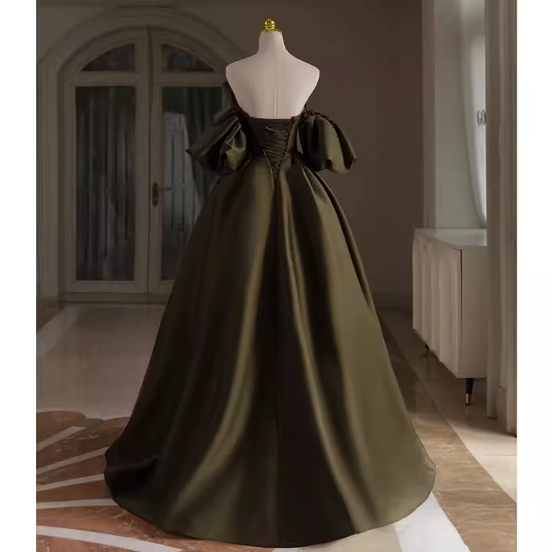 Sexy A line Off The Shoulder Short Sleeves Green Satin Long Prom Dress