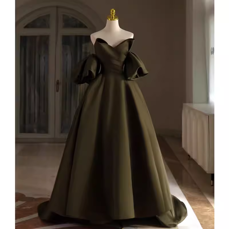 Sexy A line Off The Shoulder Short Sleeves Green Satin Long Prom Dress