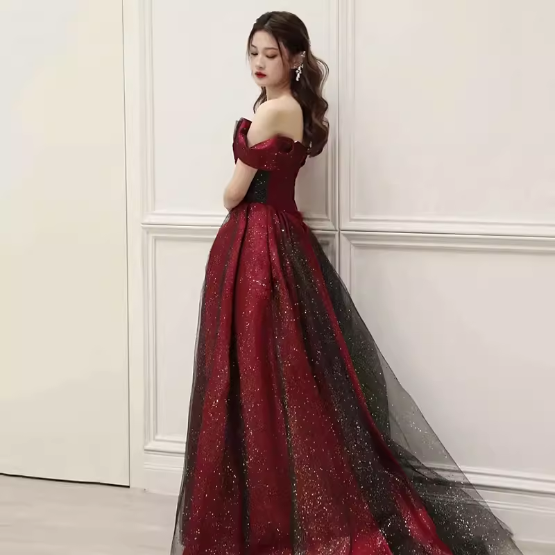 Sexy A line Off The Shoulder Short Sleeves Burgundy Tulle Long Prom Dress