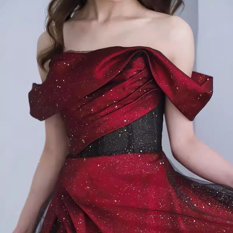 Sexy A line Off The Shoulder Short Sleeves Burgundy Tulle Long Prom Dress