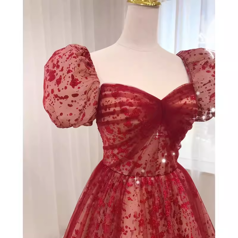 Sexy Princess Straps Short Sleeves Red Tulle Long Prom Dress