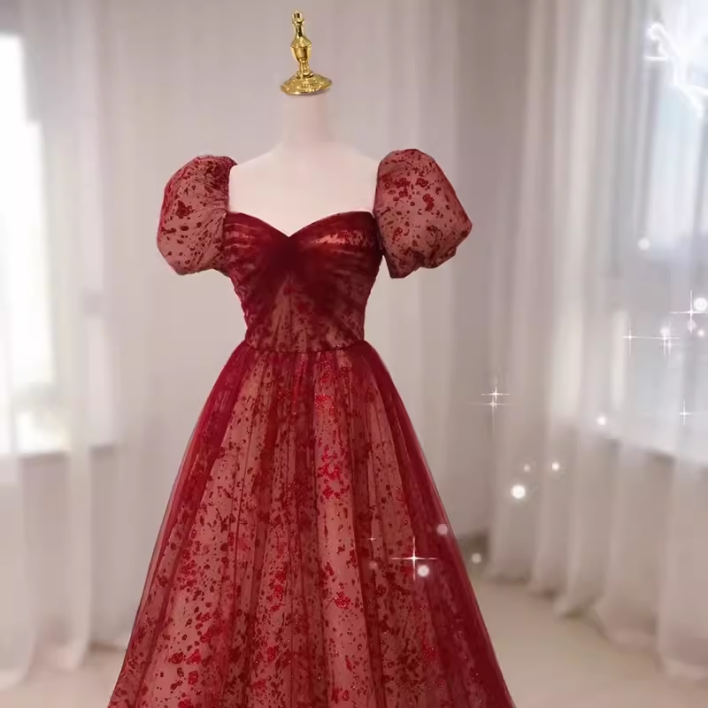 Sexy Princess Straps Short Sleeves Red Tulle Long Prom Dress