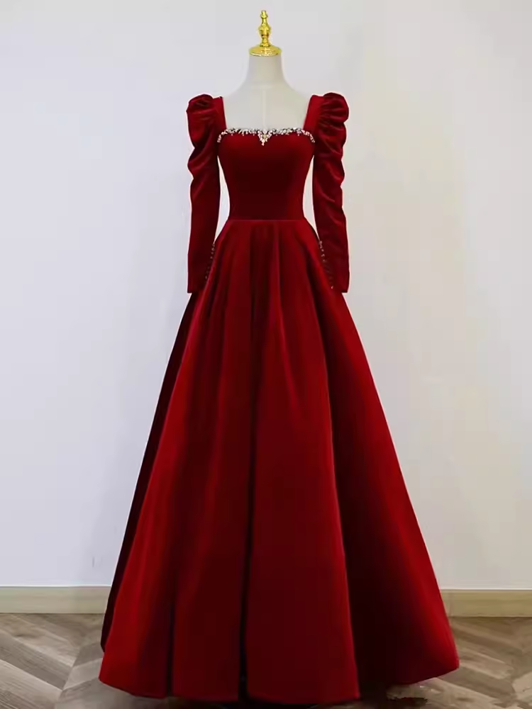 Sexy A line Long Sleeves Velvet Long Red Prom Dresses