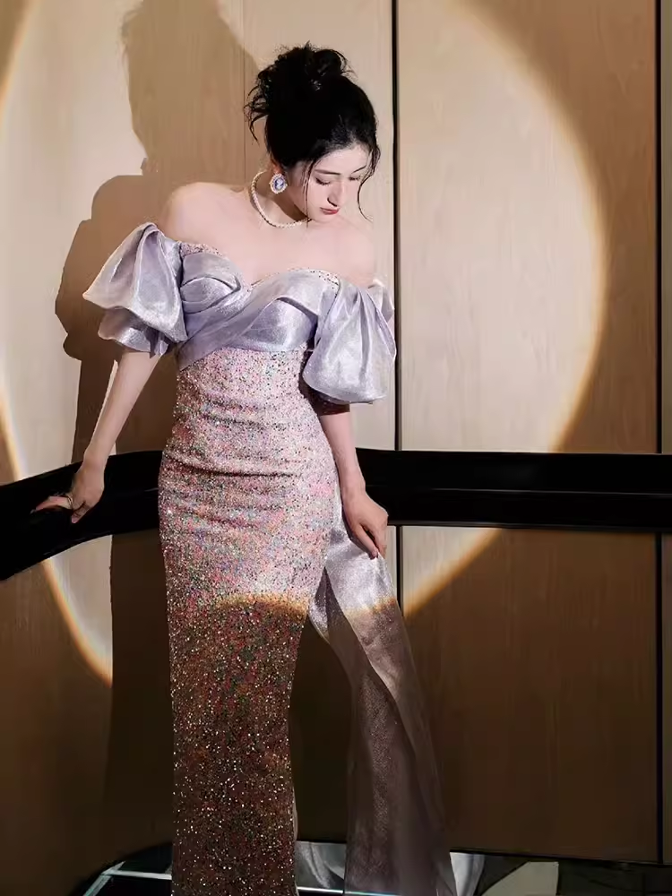 Sexy Mermaid Short Sleeves Satin Sequin Long Sequin Prom Dresses