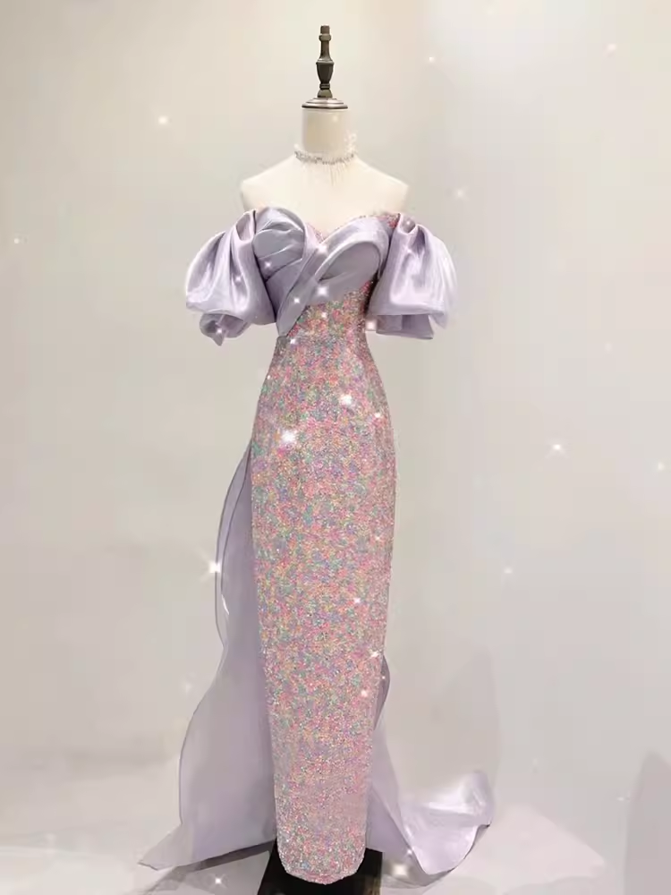 Sexy Mermaid Short Sleeves Satin Sequin Long Sequin Prom Dresses