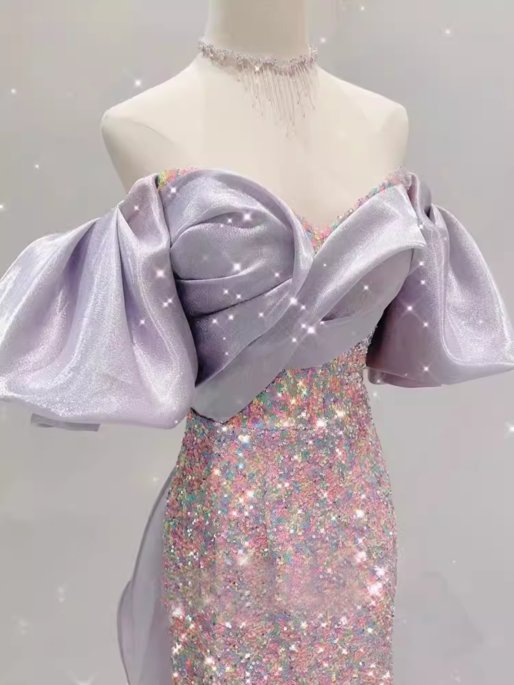 Sexy Mermaid Short Sleeves Satin Sequin Long Sequin Prom Dresses
