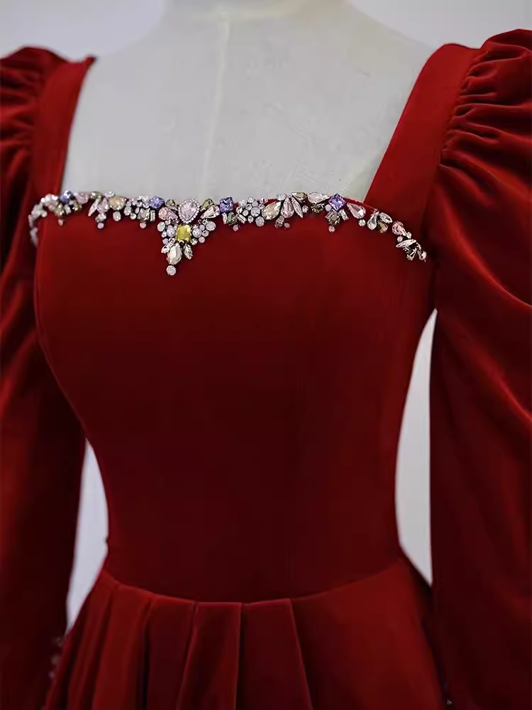 Sexy A line Long Sleeves Velvet Long Red Prom Dresses
