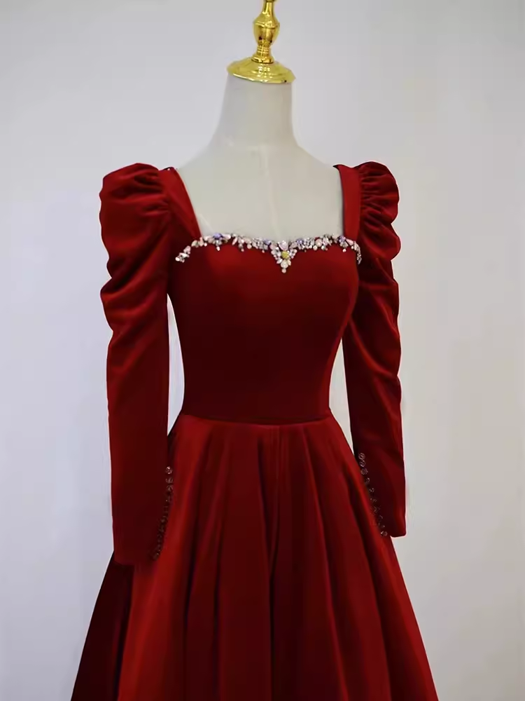 Sexy A line Long Sleeves Velvet Long Red Prom Dresses