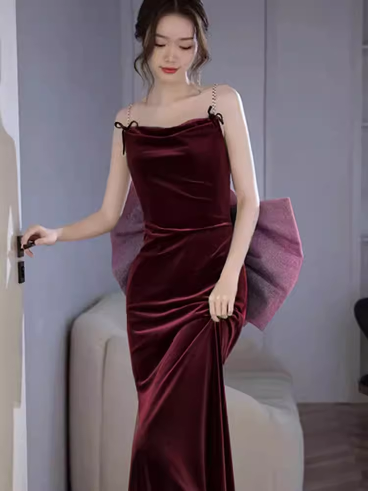 Sexy Mermaid Straps Velvet Burgundy Long Prom Dresses