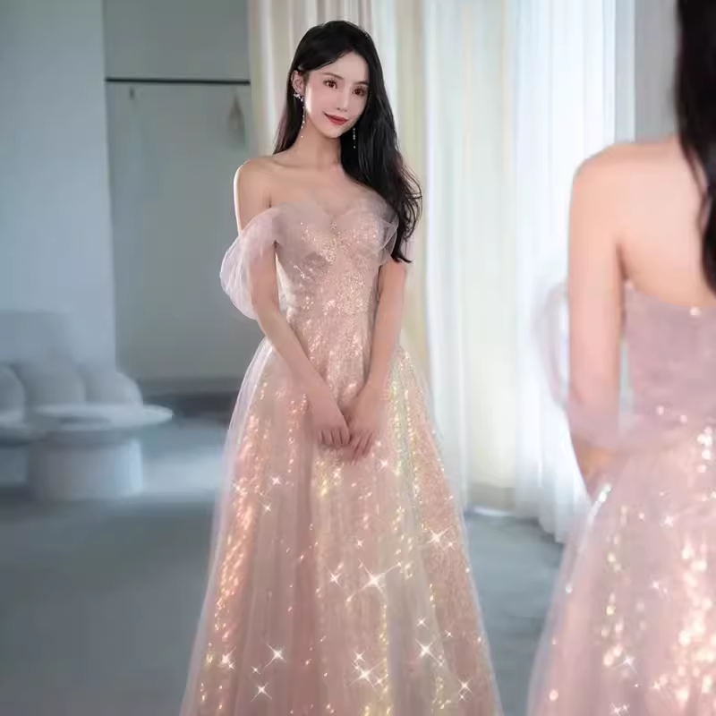 Sexy A Line Off The Shoulder Pink Tulle Long Prom Dresses