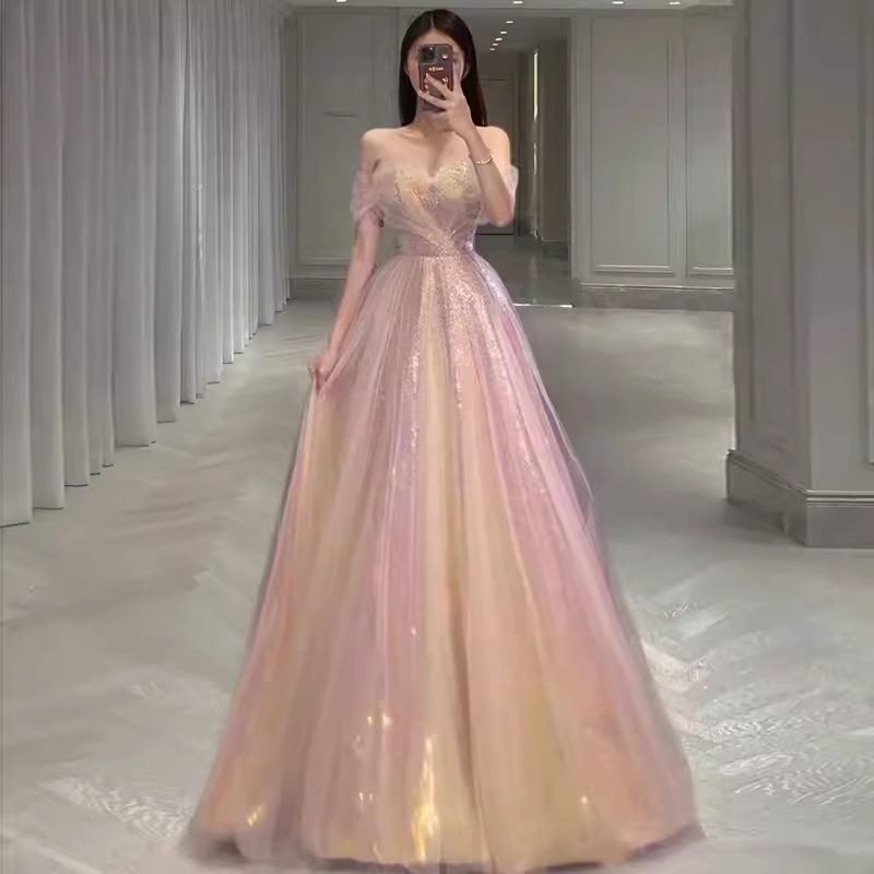 Sexy A Line Off The Shoulder Pink Tulle Long Prom Dresses