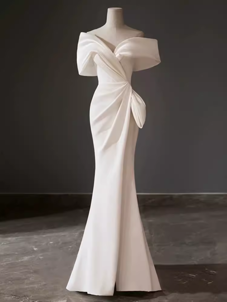 Fairytale Mermaid Off The Shoulder White Long Satin Wedding Dresses