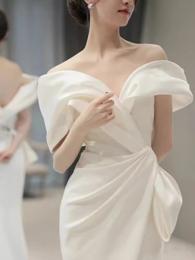Fairytale Mermaid Off The Shoulder White Long Satin Wedding Dresses