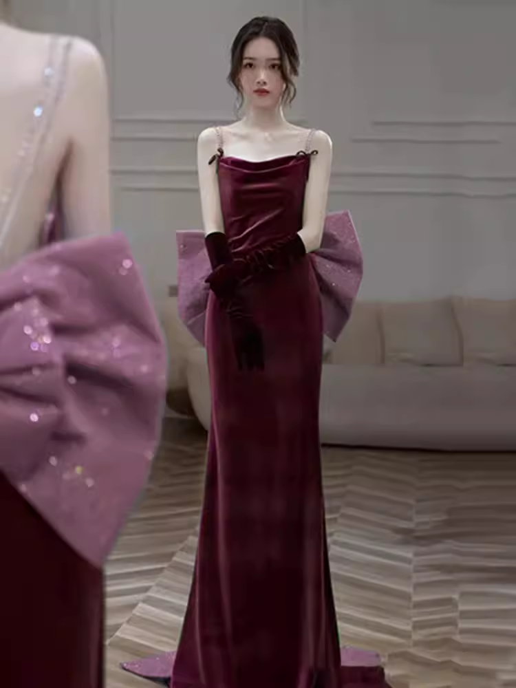 Sexy Mermaid Straps Velvet Burgundy Long Prom Dresses