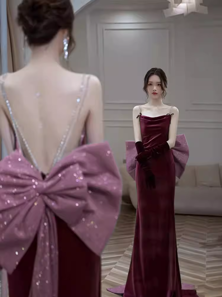 Sexy Mermaid Straps Velvet Burgundy Long Prom Dresses