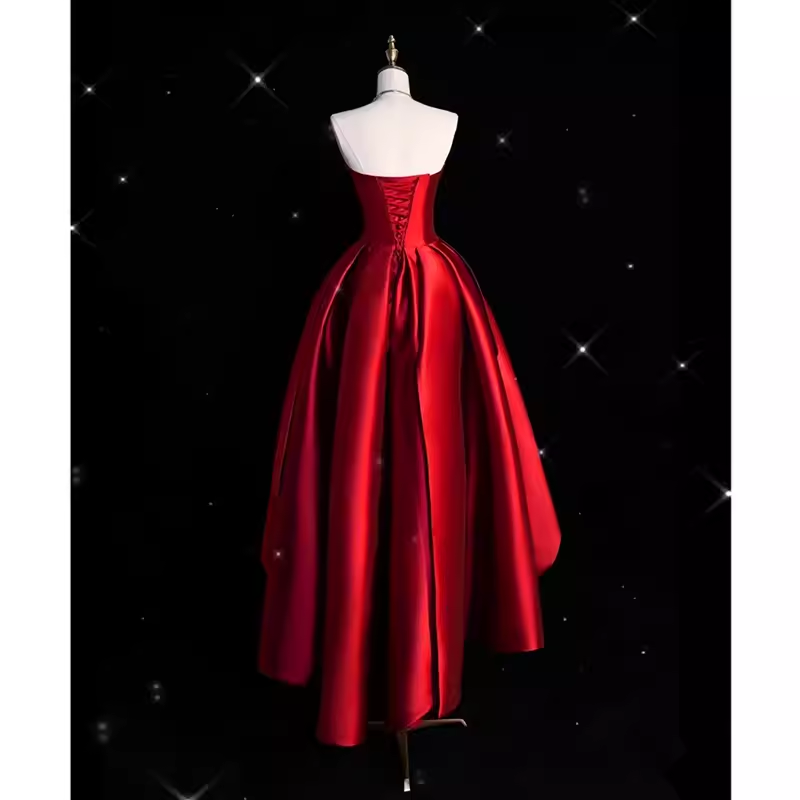 Sexy High Low Strapless Satin Burgundy Long Prom Dresses