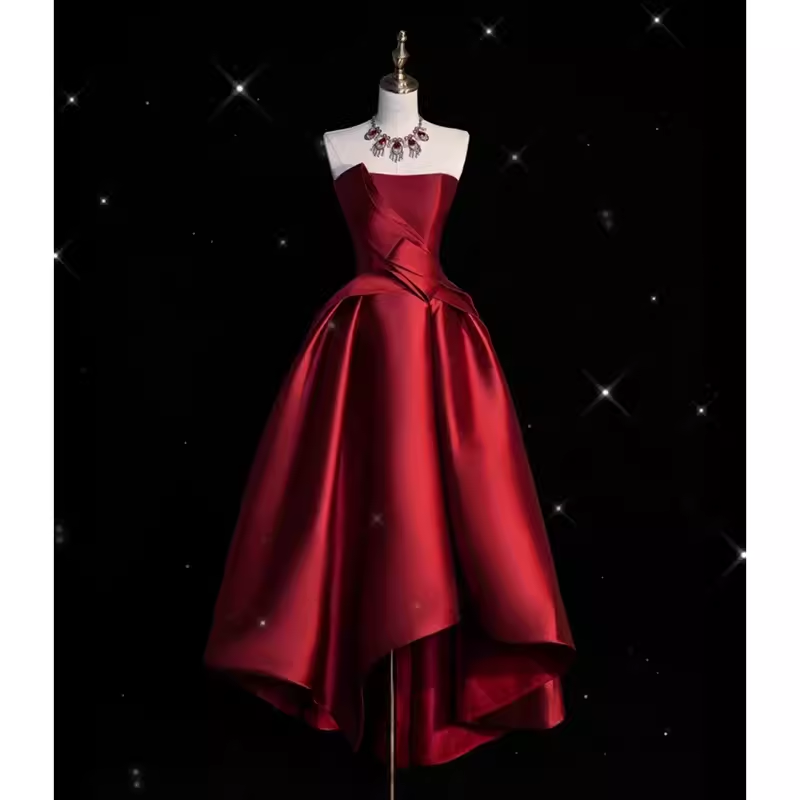 Sexy High Low Strapless Satin Burgundy Long Prom Dresses