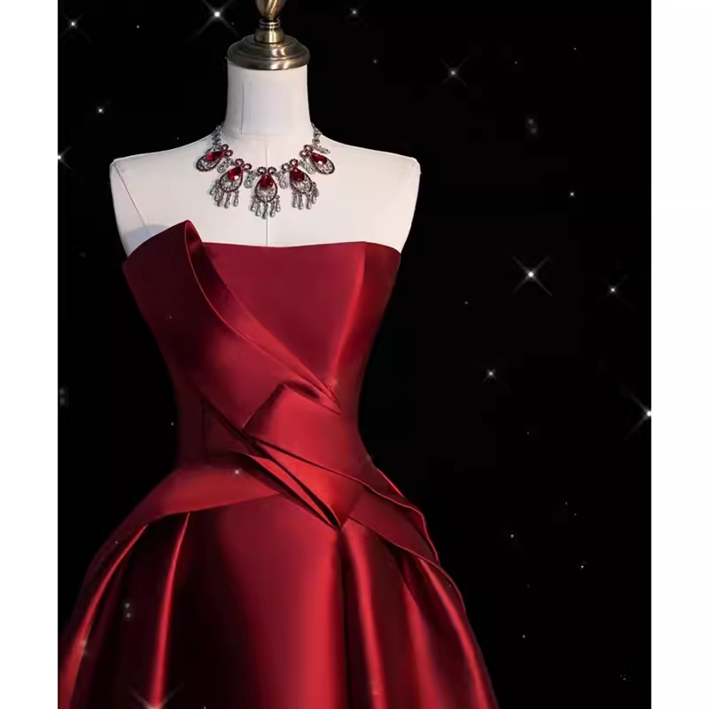 Sexy High Low Strapless Satin Burgundy Long Prom Dresses