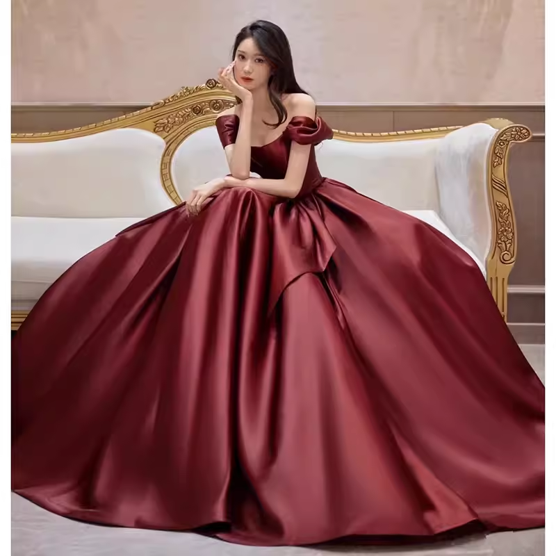 Sexy A Line Off The Shoulder Satin Burgundy Long Prom Dresses