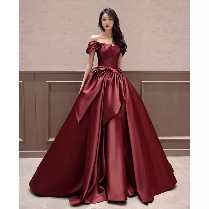 Sexy A Line Off The Shoulder Satin Burgundy Long Prom Dresses