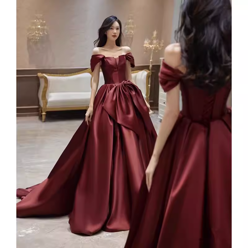 Sexy A Line Off The Shoulder Satin Burgundy Long Prom Dresses