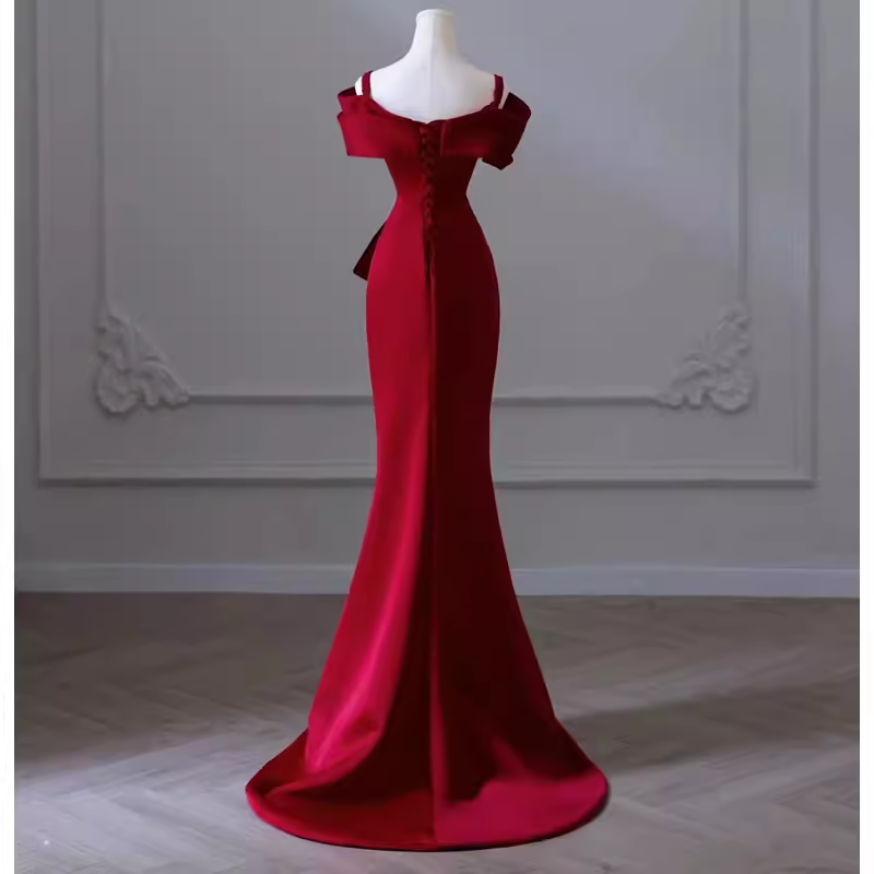 Sexy Mermaid Off The Shoulder Satin Burgundy Long Prom Dresses