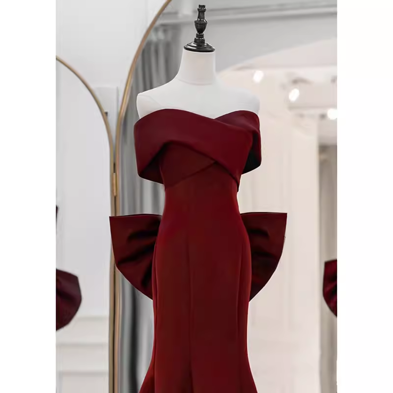 Sexy Mermaid Off The Shoulder Satin Burgundy Long Prom Dresses With Bowknot