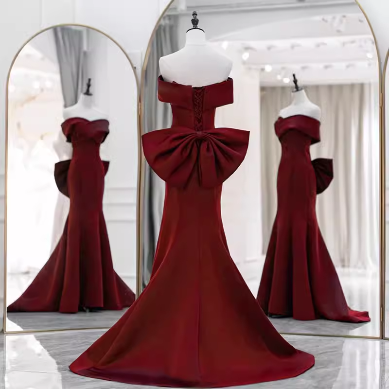 Sexy Mermaid Off The Shoulder Satin Burgundy Long Prom Dresses With Bowknot