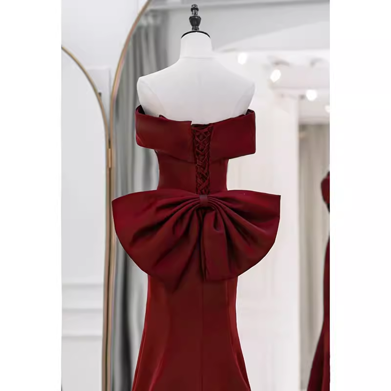 Sexy Mermaid Off The Shoulder Satin Burgundy Long Prom Dresses With Bowknot