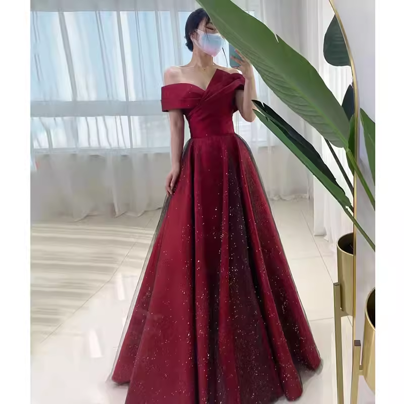 Sexy A Line Off The Shoulder Satin Burgundy Tulle Long Prom Dresses