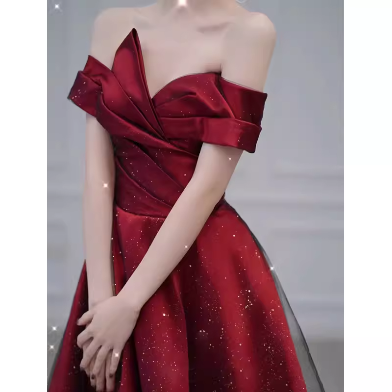 Sexy A Line Off The Shoulder Satin Burgundy Tulle Long Prom Dresses
