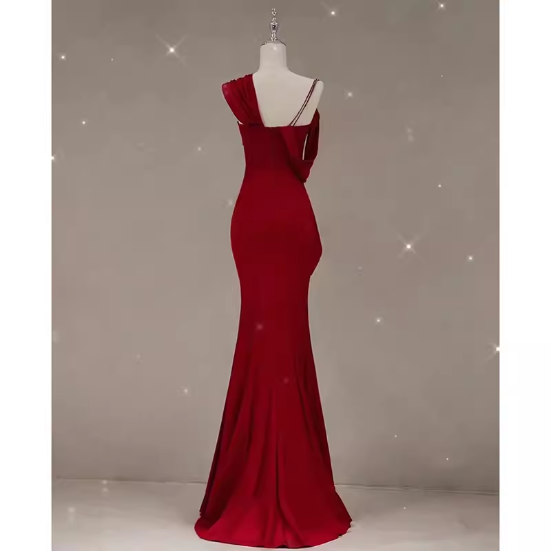 Sexy Mermaid Straps Satin Burgundy Long Prom Dresses