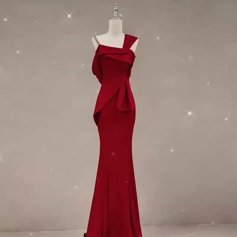 Sexy Mermaid Straps Satin Burgundy Long Prom Dresses