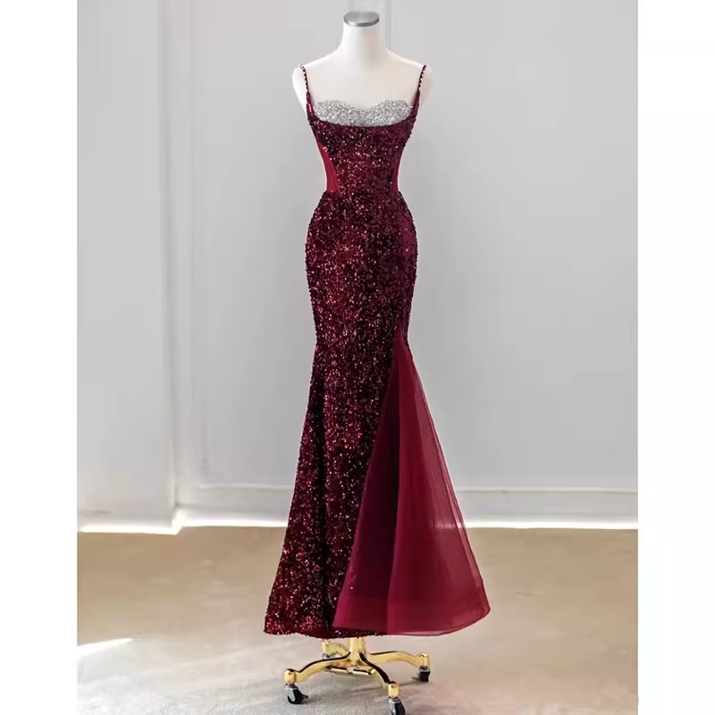Sexy Mermaid Spaghetti Straps Sequin Burgundy Long Prom Dresses